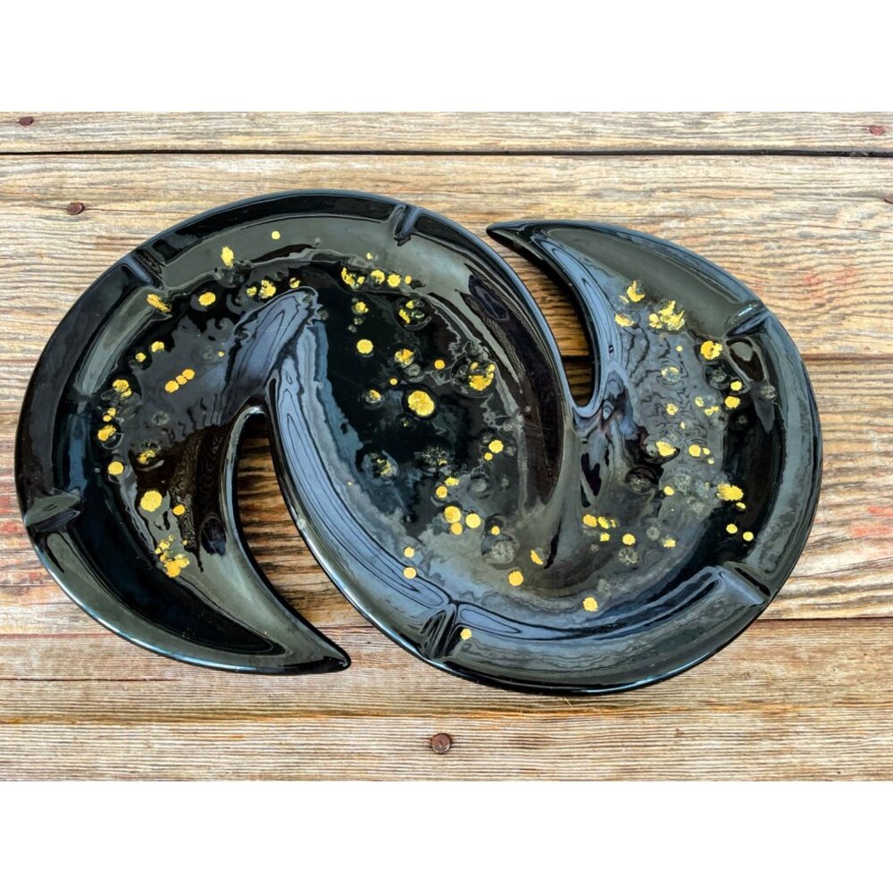 Vintage MCM Black/Gold Ceramic HUGE ashtray Boomerang Atomic 14x9" - Picture 4 of 13